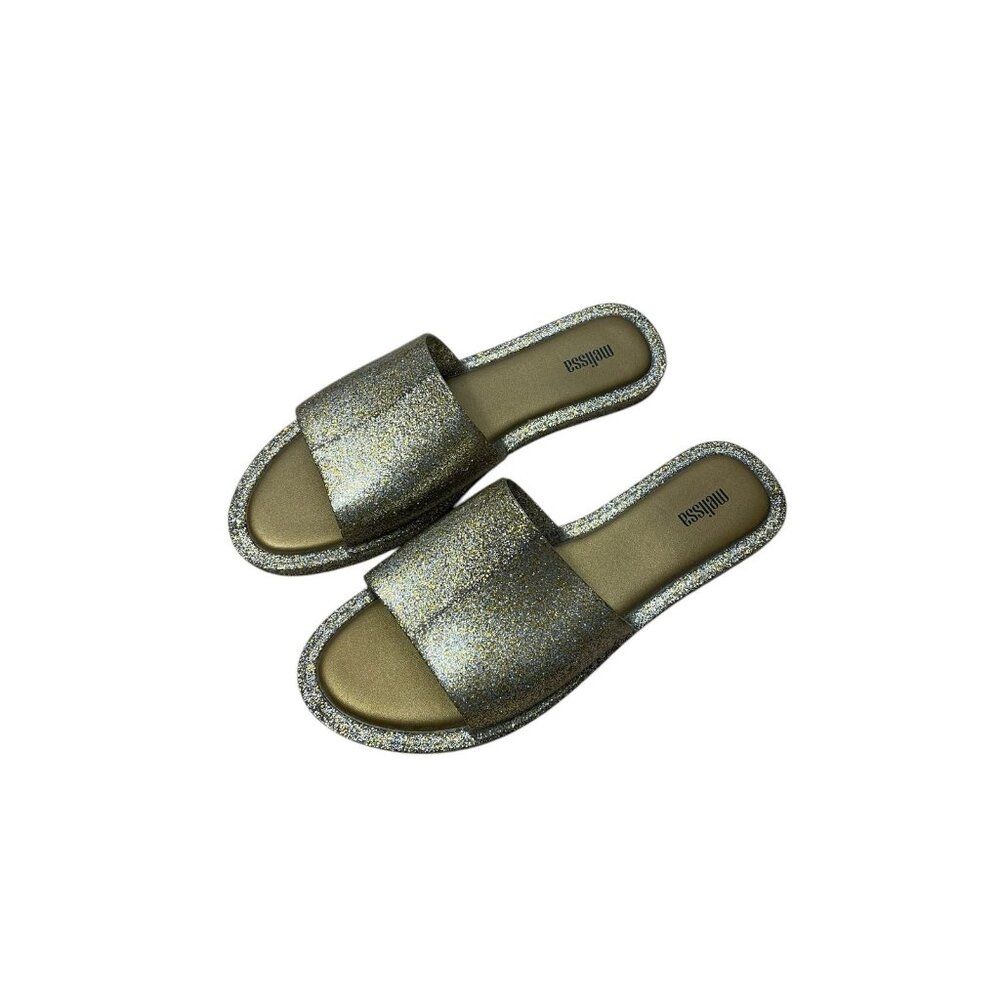 Melissa Beach Slide Sandals Gold Glitter Womens Size 9